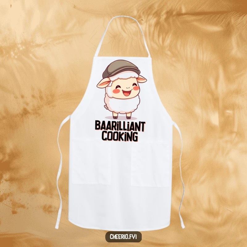 Funny Sheep Flat Cap Apron: A happy sheep wearing a flat cap laughs heartily, ready for humorous kitchen adventures.