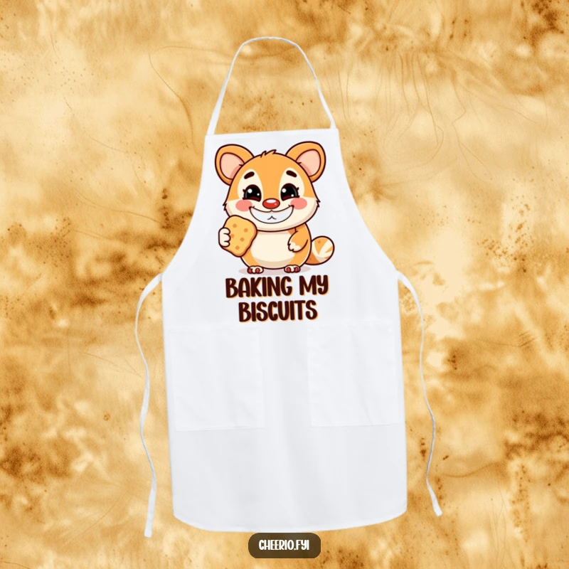 Funny apron depicting a cheerful animal mascot with a wide grin, offering a biscuit, designed for sweet kitchen adventures.