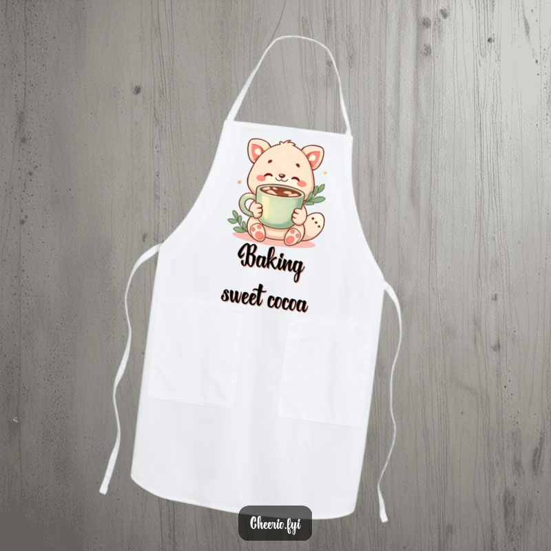 Funny apron showing a friendly animal character offering a steaming cup of cocoa, perfect for a warm kitchen.
