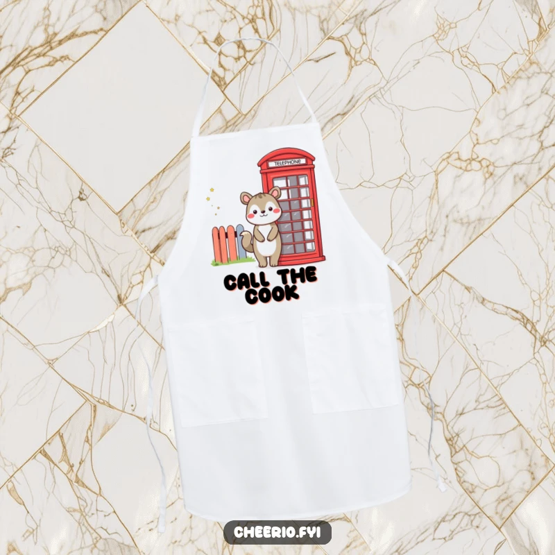 Funny cooking apron showcasing a smiling animal character and a red telephone booth, ideal for adding humor to kitchen activities.