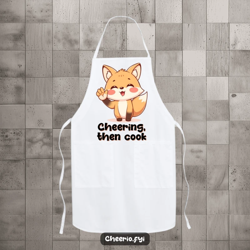 Funny apron depicting a spirited fox character enthusiastically cheering with a cupped hand, designed for enthusiastic cooking.