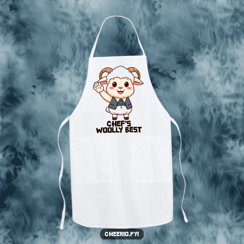 Funny happy sheep wearing a smart waistcoat offering a friendly wave, a charming kitchen apron.