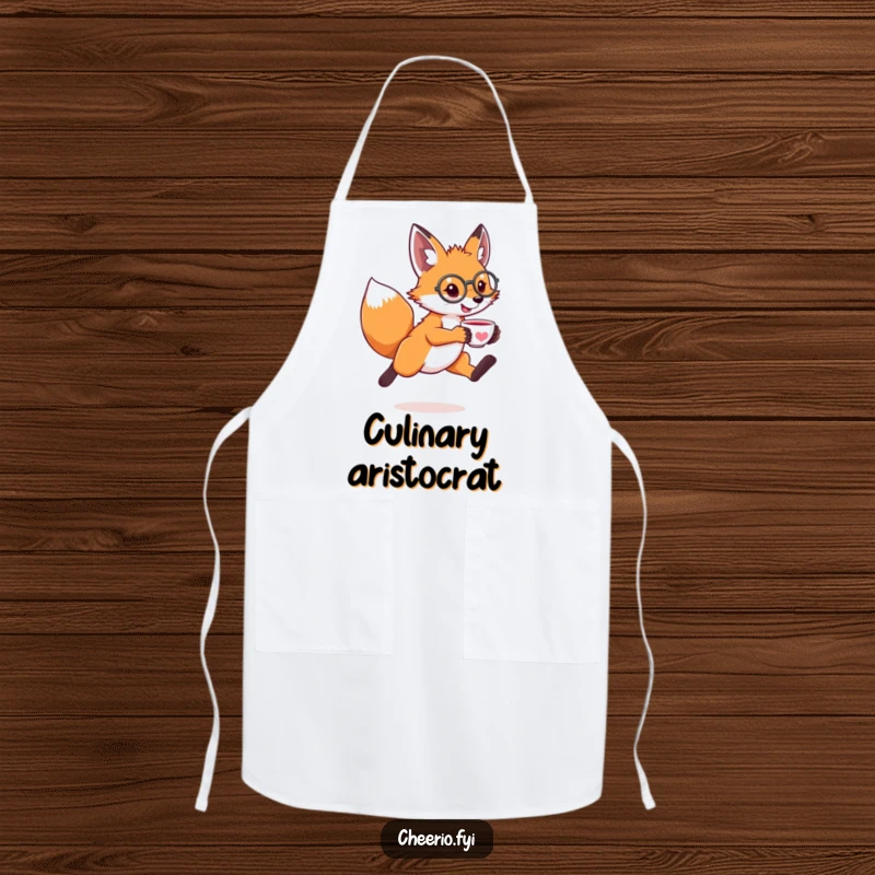 Funny apron with a leaping fox wearing a monocle and holding a tiny teacup, bringing dapper humor to the kitchen.