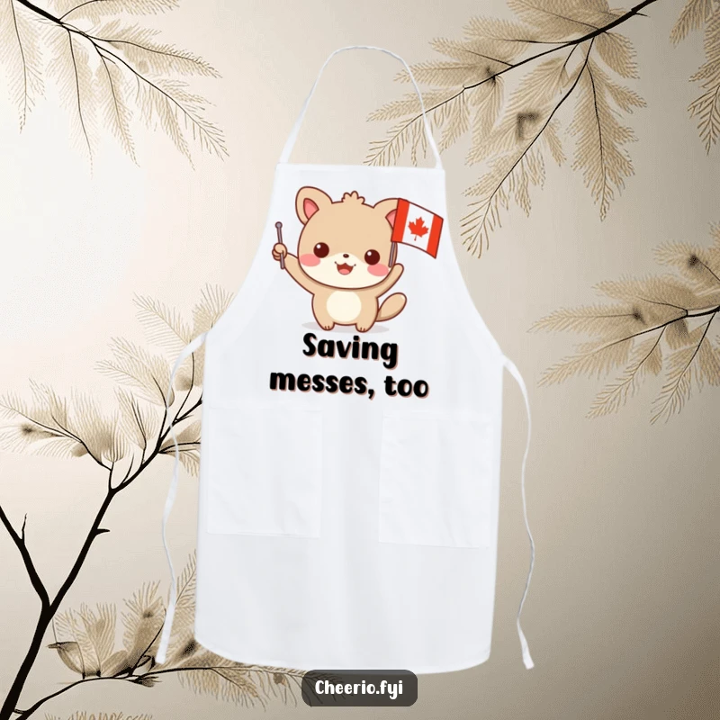 Funny apron illustrated with a cheerful animal character waving a small flag with a prominent red cross, designed for kitchen fun.