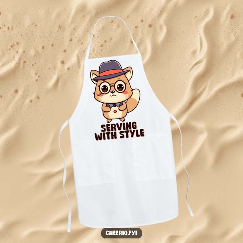 Funny apron depicting an animal in a bowler hat and monocle performing a distinguished curtsey, ideal for kitchen humor.