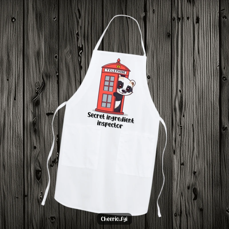 Funny badger apron showing a curious creature peeking from a red telephone box, ideal for humorous kitchen activities.