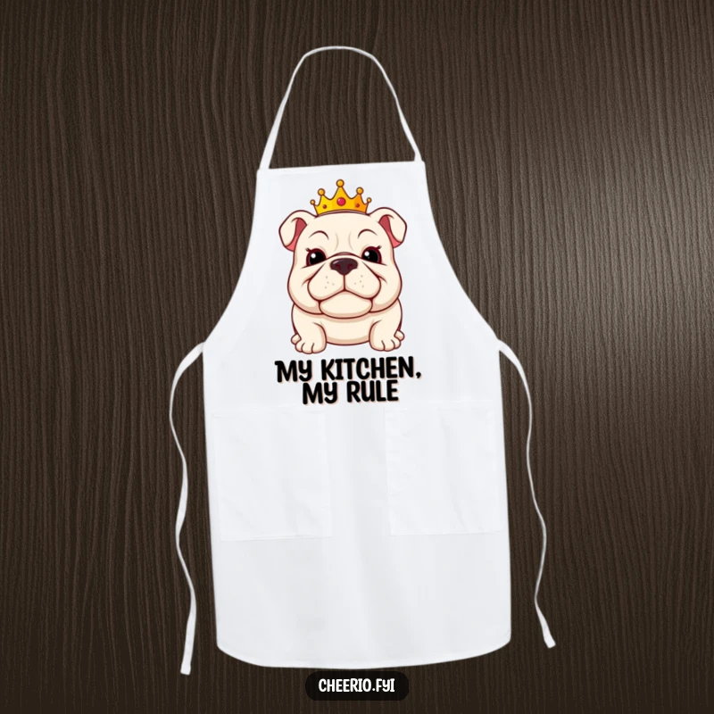 Funny bulldog apron showing a jolly bulldog wearing a tiny crown, with a proud grin, ready to cook.