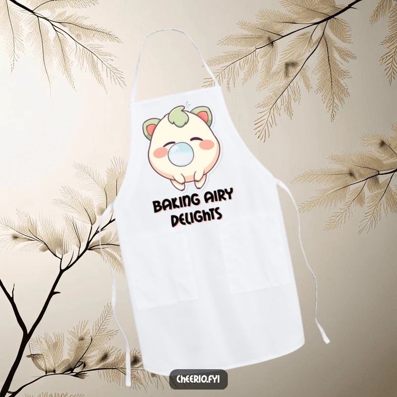 Funny apron showing a creature with a mischievous twinkle, expertly blowing a large, cheerful bubble.