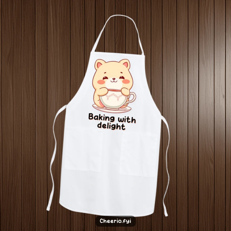 Funny Chubby Cat Apron: A chef wearing a chubby cat character delighted with a teacup, great for tea time, funny gift.