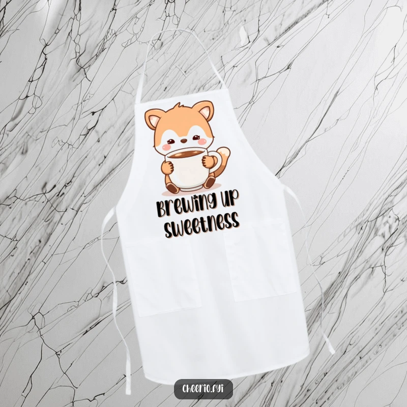 Funny Apron with an animal character offering a warm cup of cocoa, ideal for cozy kitchen activities.