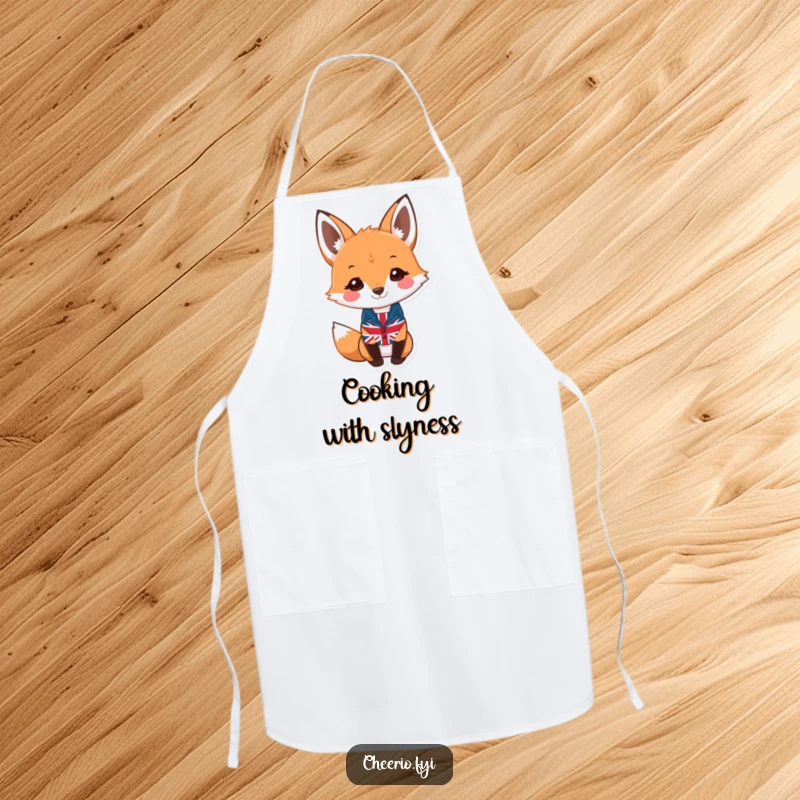 Funny fox apron showing a smiling fox wearing a miniature Union Jack waistcoat, ready for culinary creations.