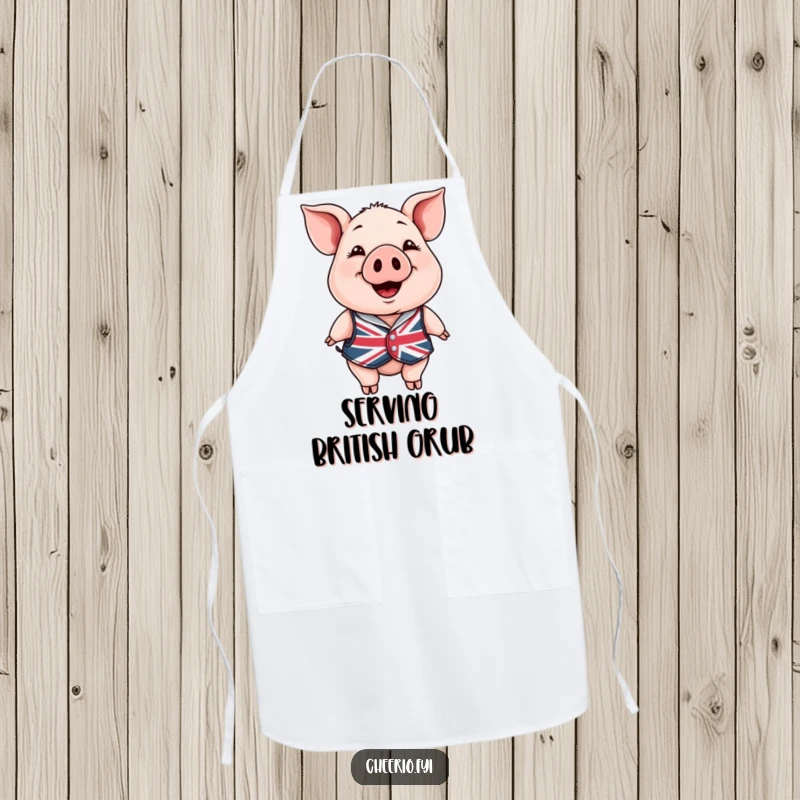 Funny Apron: A happy pig in a Union Jack waistcoat smiling, a humorous and practical kitchen accessory.