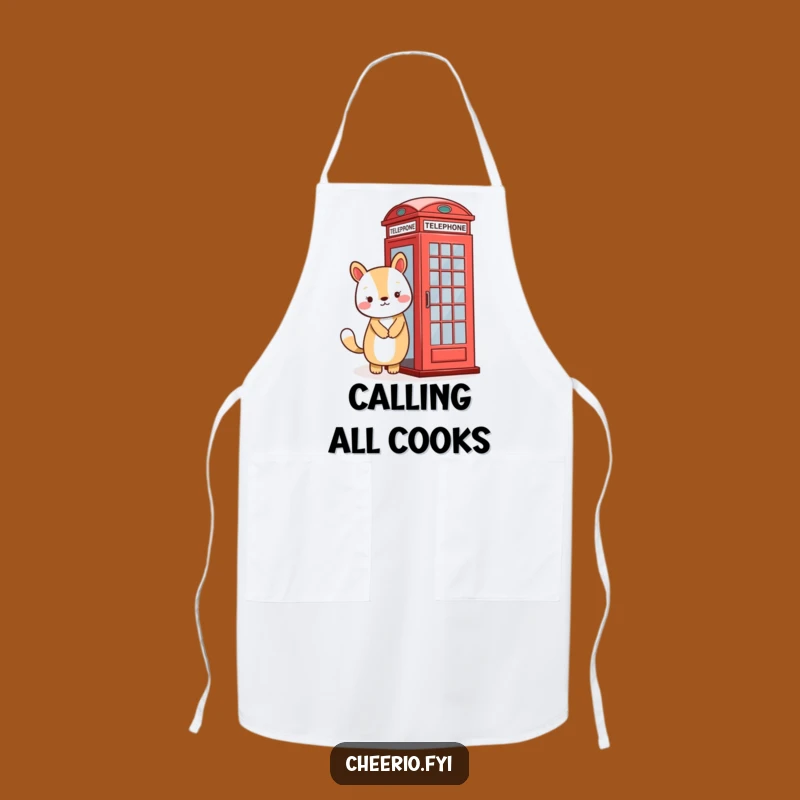 Funny Kitchen Apron: Friendly Animal Character Beside a Red Phone Booth for Cheerful Cooking