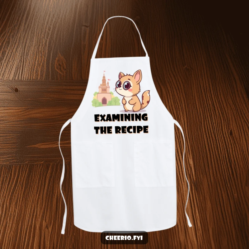 Funny curious animal wearing a monocle peers at a landmark on a cute kitchen apron, witty gift.
