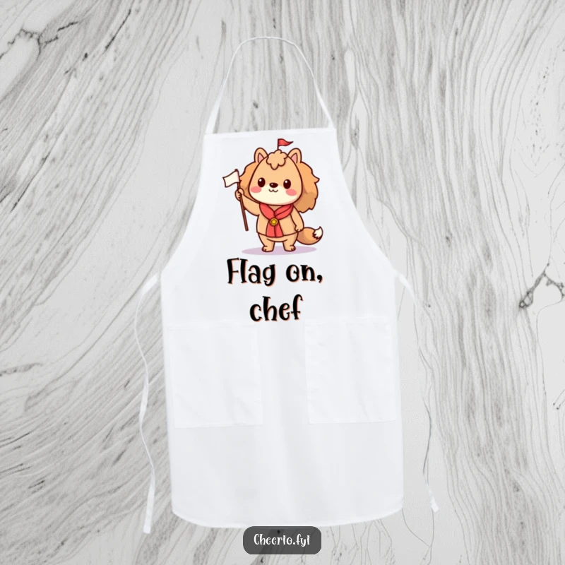 Funny apron depicting a proud animal character holding a small flag, designed for spirited cooking and a touch of humor.