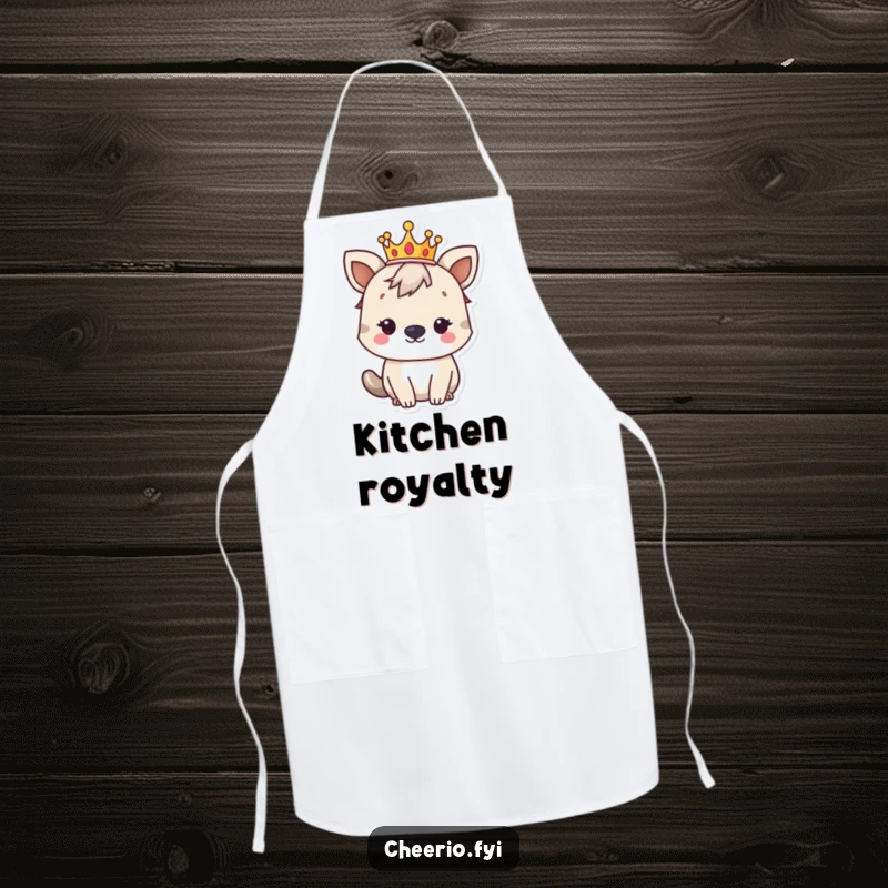 Funny British animal character wearing a small crown, looking regal while cooking, depicted on a kitchen apron.
