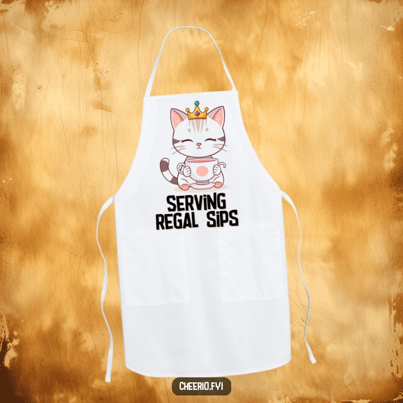 Funny apron showcasing a cute cat wearing a crown, looking regal while observing a floating teacup, perfect for kitchen duties.