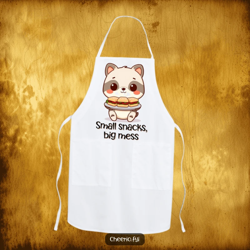 Funny Apron: Stylized animal character holding a plate piled high with miniature sandwiches, ready to cook.