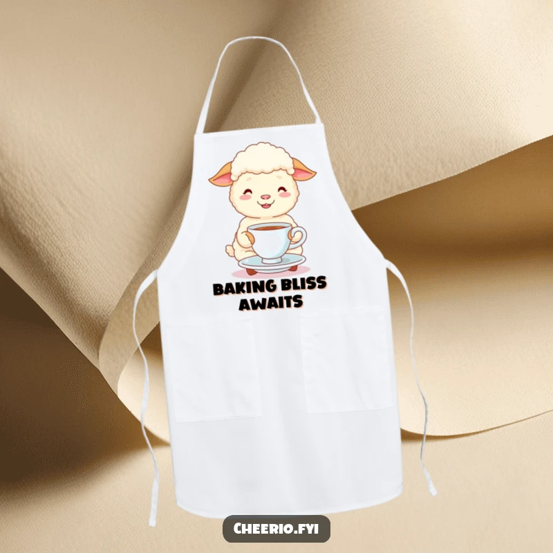 Funny happy sheep sips tea and saucer wearing a cute kitchen apron, a whimsical and humorous gift idea.