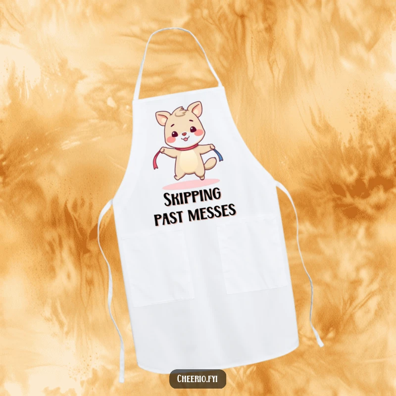 Funny apron showing a happy animal with a cheerful disposition, energetically skipping rope with a ribbon, perfect for the kitchen.