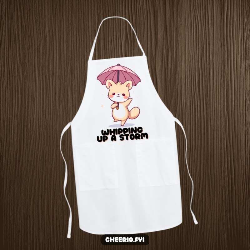 Funny apron with a whimsical animal dancing with a miniature umbrella, perfect for kitchen fun with playful humor, ideal funny gift.