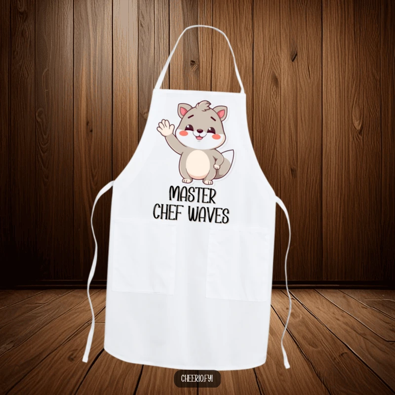 Funny apron featuring a charismatic animal character smirking and giving a jaunty wave, designed for kitchen fun and protection.