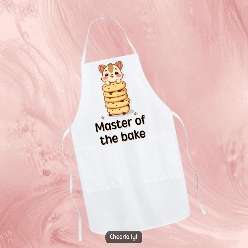 Funny apron with a playful animal character balancing a stack of scones, ready for baking.