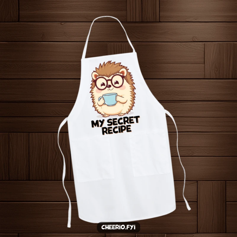 Funny Hedgehog Apron: A cheerful hedgehog wearing glasses and an apron holds a teacup.