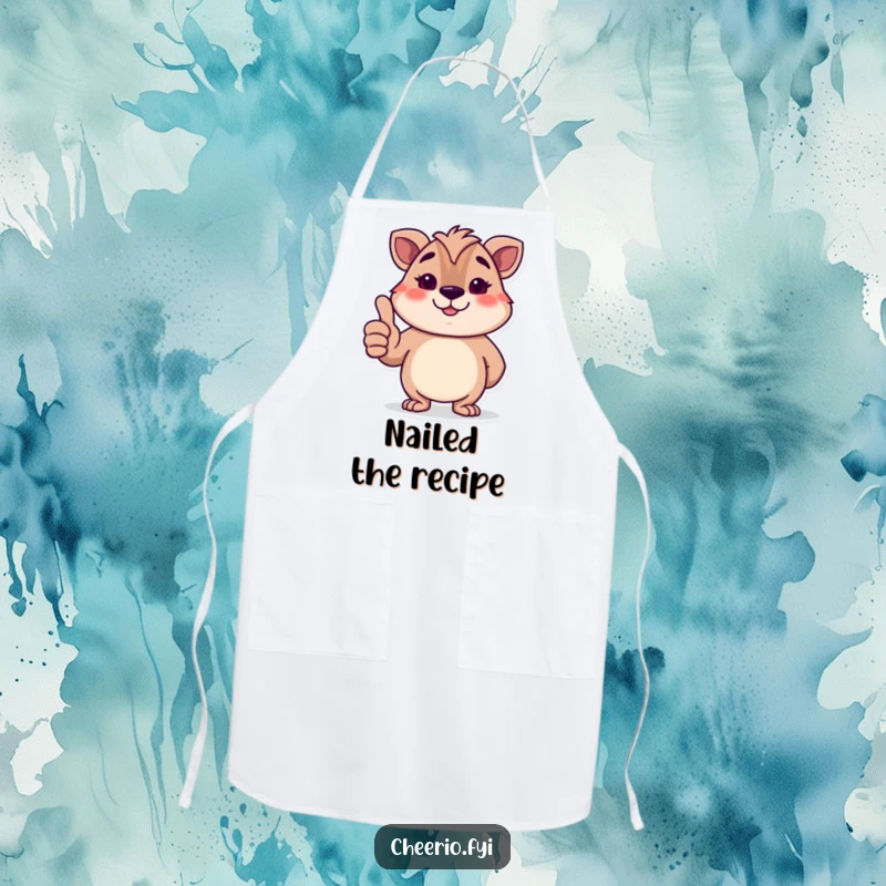 Funny British animal character giving a polite thumbs-up with a smile, a humorous apron for kitchen tasks.