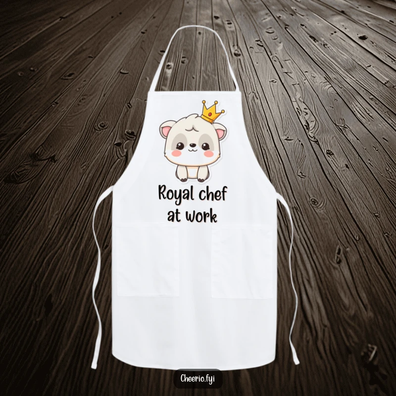 Funny apron with a smiling animal character proudly displaying a tiny crown, ready to cook like royalty.