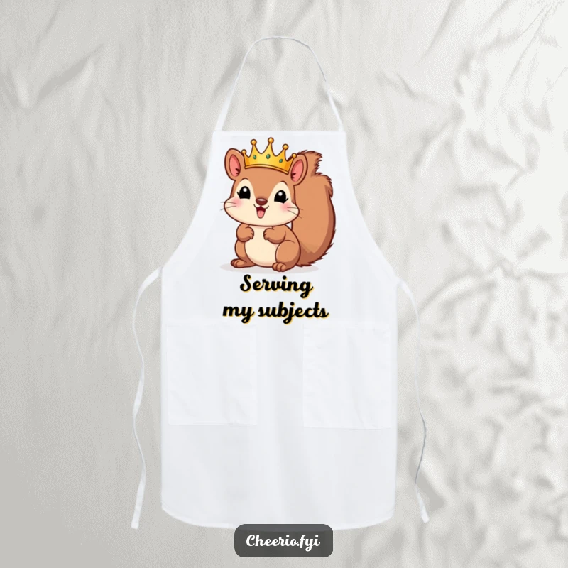 Funny squirrel wearing a tiny crown, ready to chef up a storm on a stylish apron. A witty funny gift.