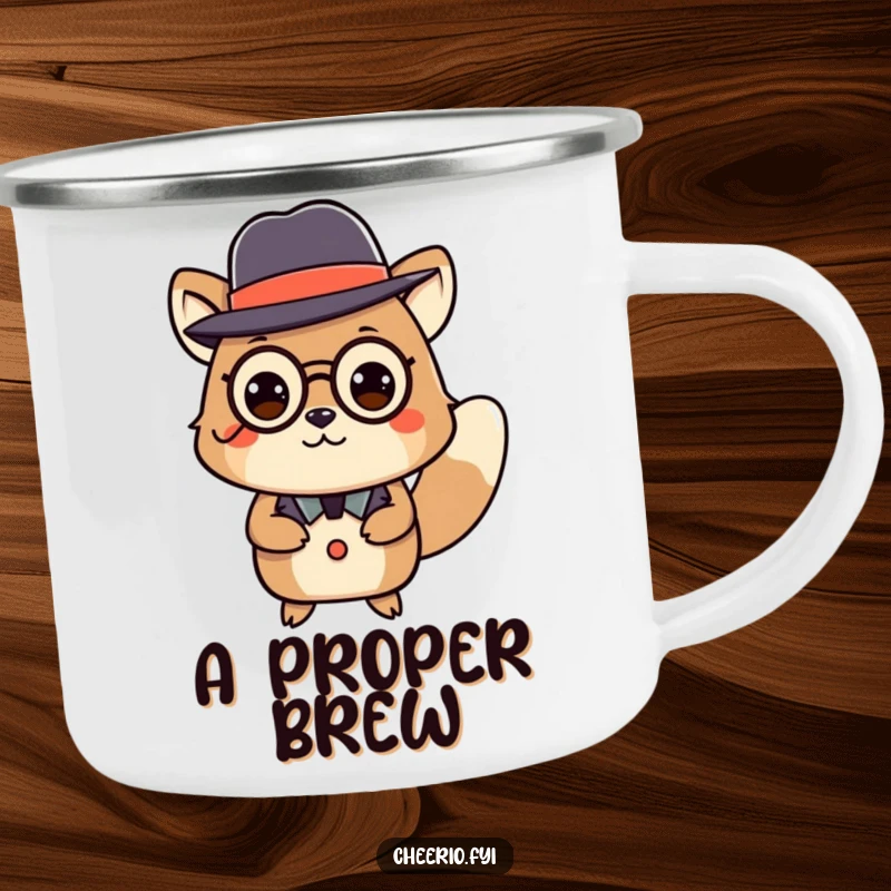 Funny, durable camping mug with an animal in a bowler hat and monocle curtseying, ready for outdoor humor.