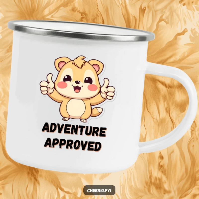 Funny Happy Bear Camping Mug: A joyful bear character giving two thumbs up, perfect for outdoor adventures, funny gift.