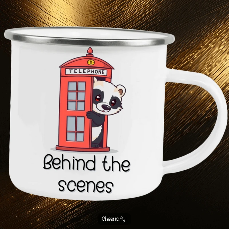 Funny badger camping mug with a curious creature peeking from a red telephone box, ready for outdoor adventures and humor.