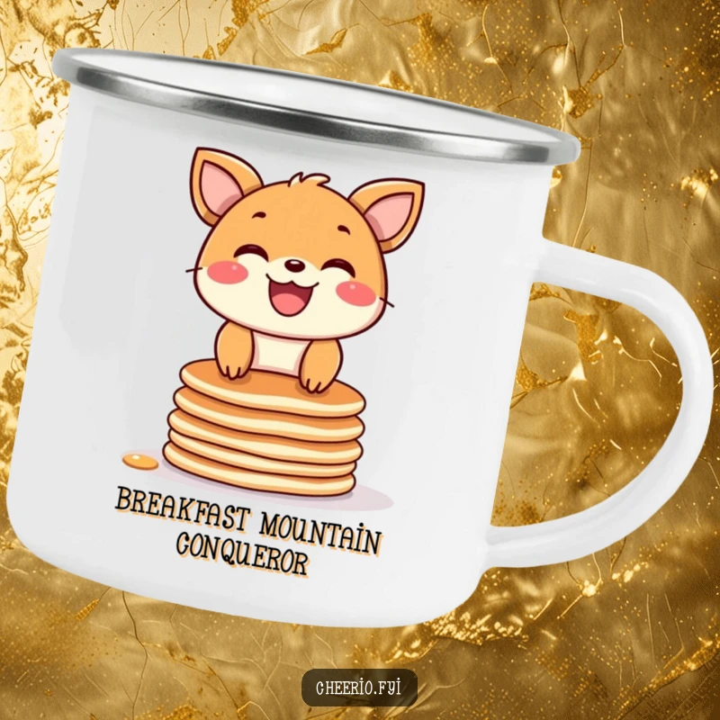 Funny camping mug featuring a joyful animal with a wide grin precariously balanced on a stack of pancakes, ideal for outdoor use.