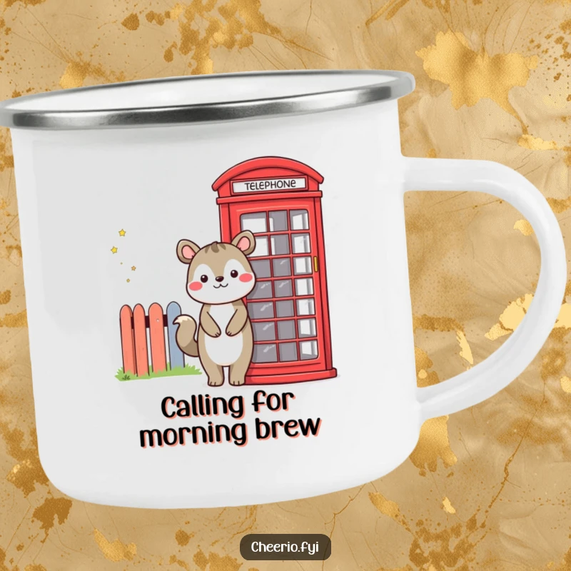 Funny enamel camping mug with a smiling animal character and a red telephone booth, durable and humorous for outdoor use.
