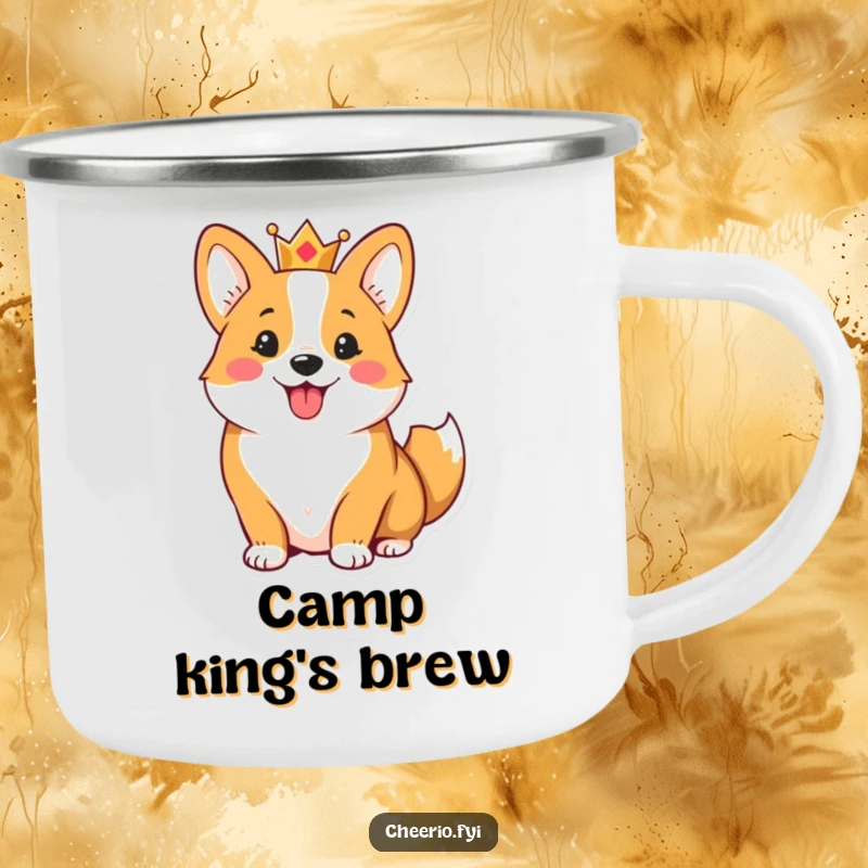 Funny enamel camping mug with a cheerful corgi wearing a small crown and wagging its tail, for humorous outdoor enjoyment.