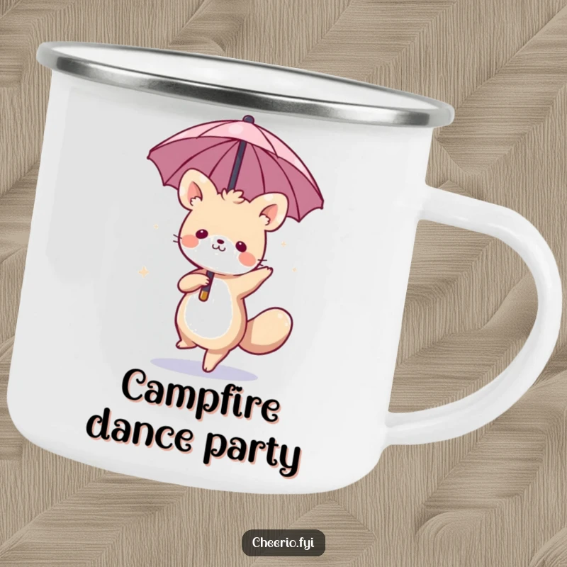 Funny camping mug with a whimsical animal dancing with a miniature umbrella, perfect for outdoor adventures with playful humor, ideal funny gift.