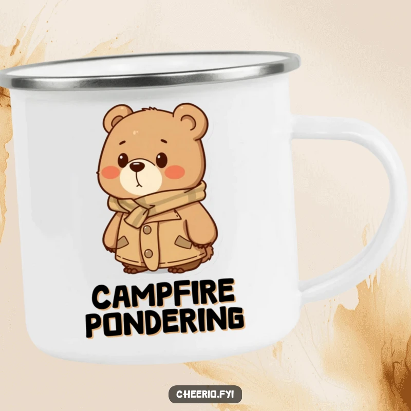 Funny Camping Mug: A bear in tweed and scarf looking thoughtfully into the distance, a durable and amusing mug for the outdoors.