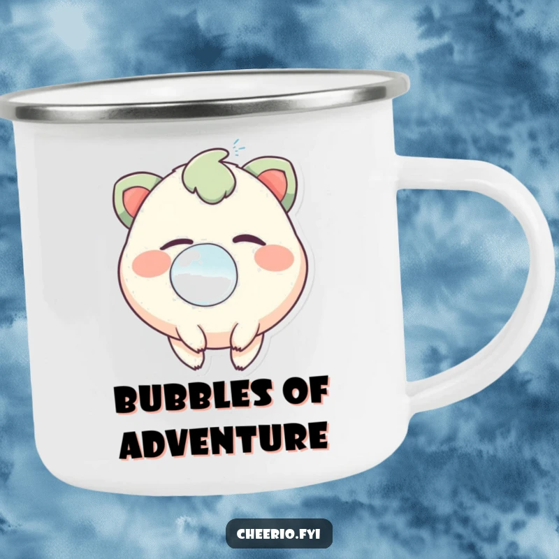 Funny camping mug with a creature sporting a bright twinkle, blowing a big, buoyant bubble.