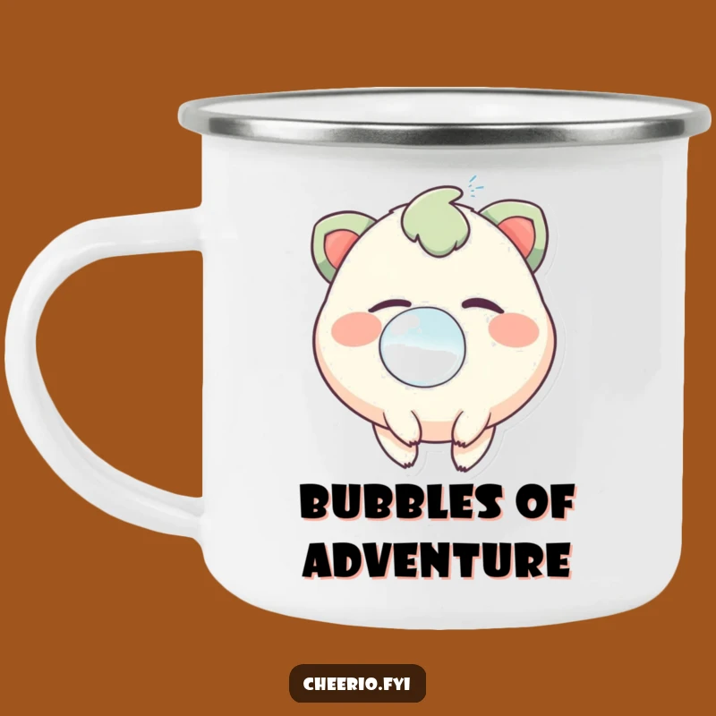 Funny Adventure Mug: Twinkling Creature Blows Bubbles on This Cheerful Camping Cup