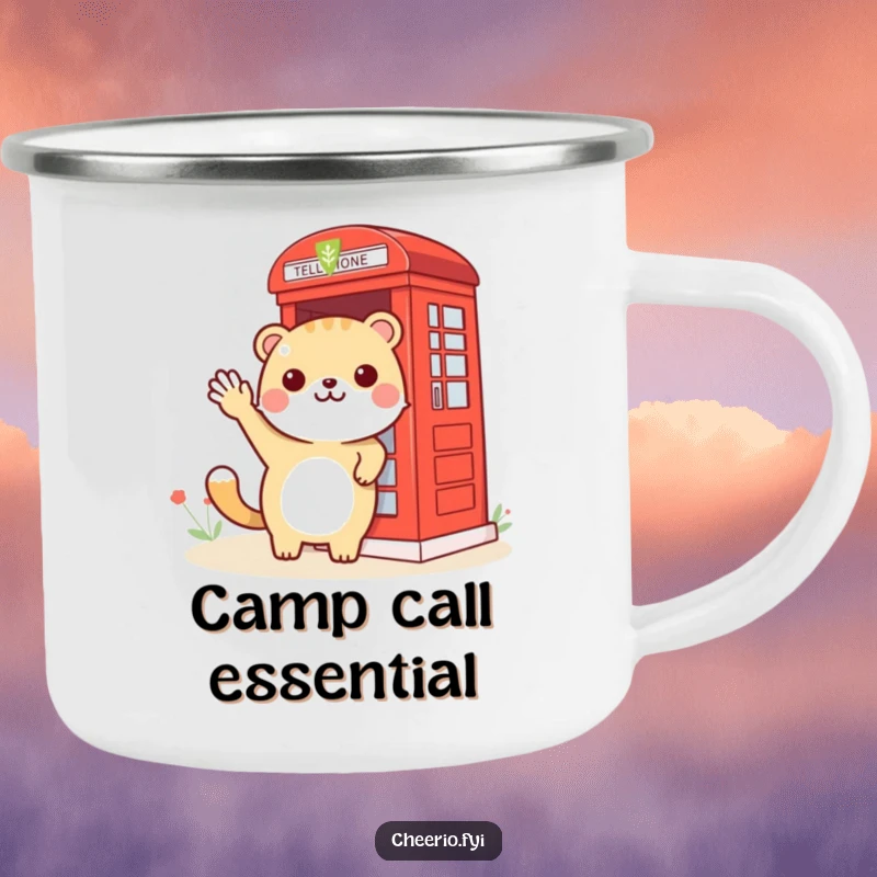 Funny animal waving towards a red phone booth, designed for outdoor adventures on a humorous camping mug.
