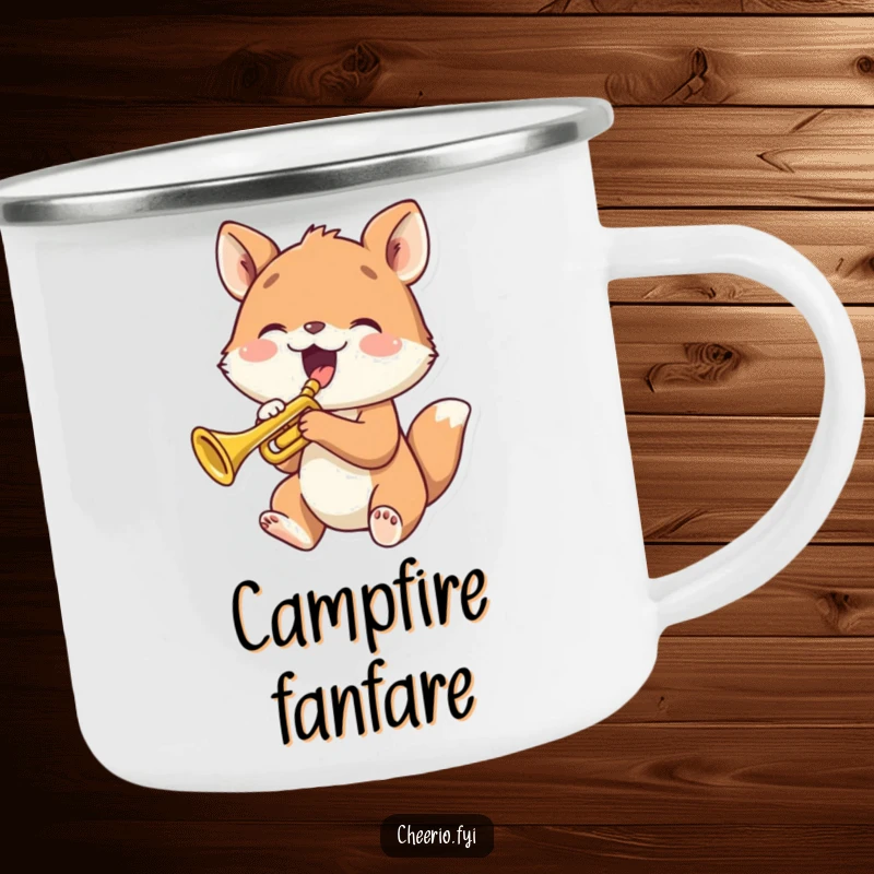 Funny animal joyfully playing a tiny trumpet, designed for outdoor adventures on a humorous camping mug.