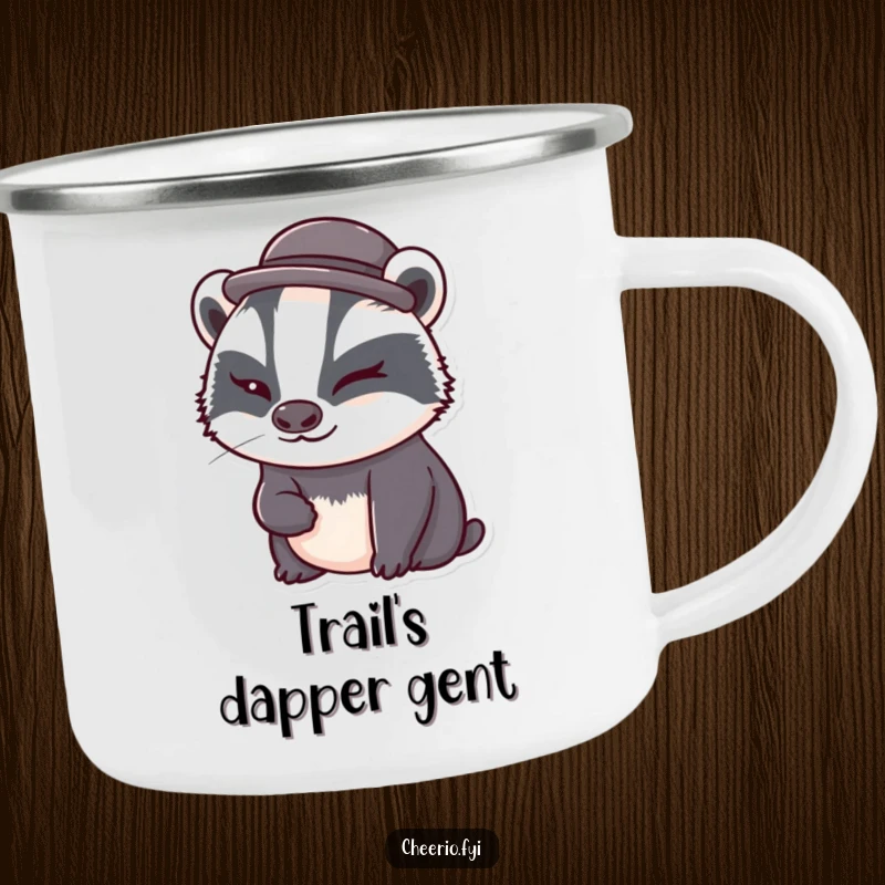 Funny badger wearing a bowler hat winks playfully on a rugged camping mug, ideal for humorous outdoor sips.