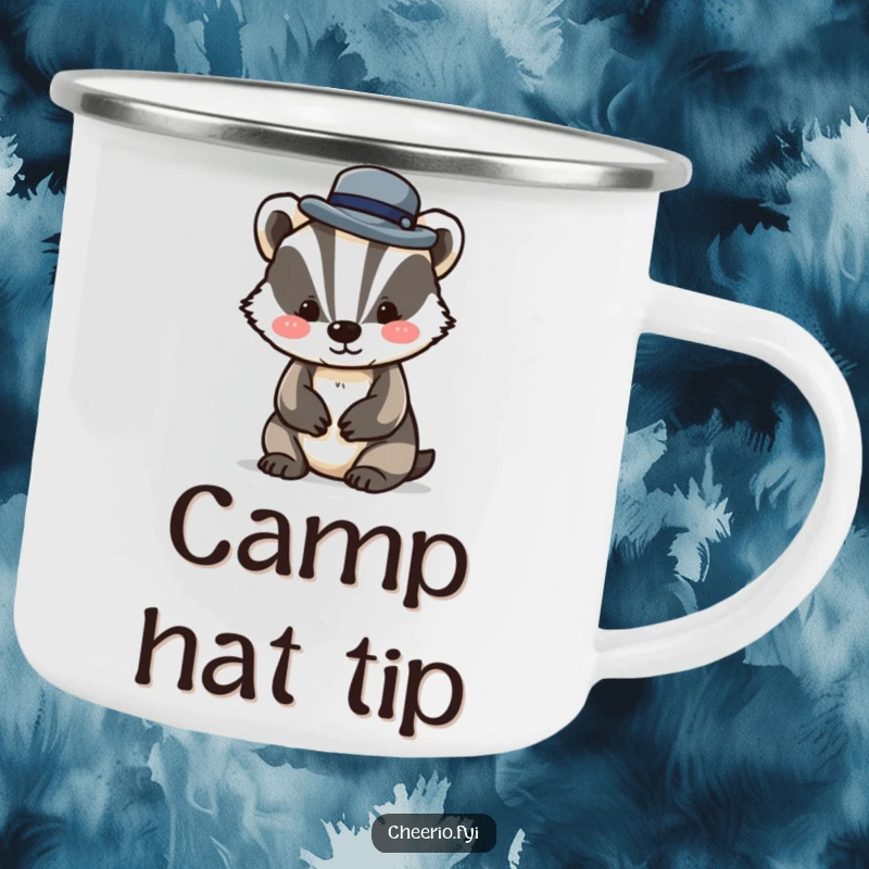 Funny camping mug showcasing a dapper badger character tipping a small bowler hat, ideal for outdoor enthusiasts seeking humor.