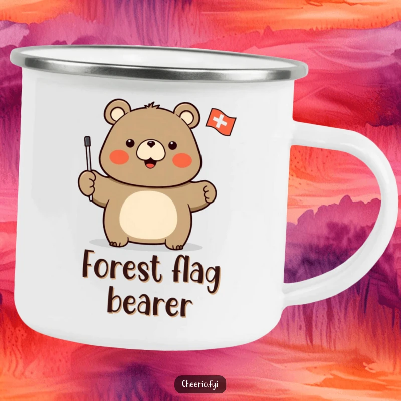 Funny camping mug with a stout bear enthusiastically waving a flag with a white cross, perfect for outdoor pride.