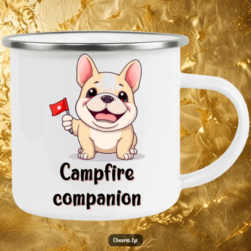 Funny Bulldog Camping Mug: A proud bulldog holds a miniature flag during an outdoor setting.