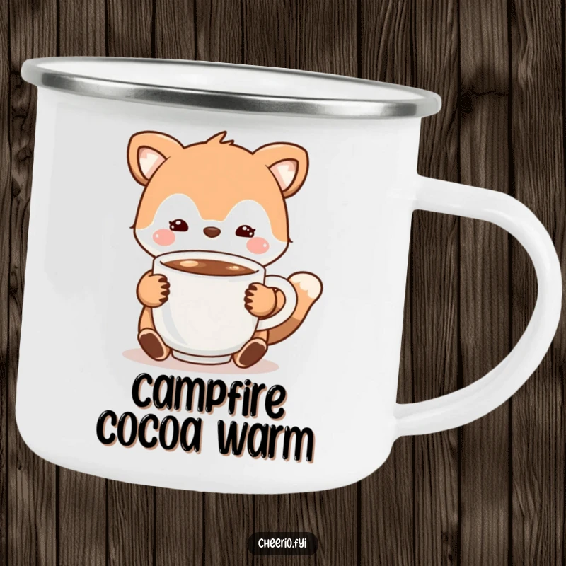 Funny Camping Mug with an animal character offering a warm cup of cocoa, perfect for enjoying beverages outdoors.