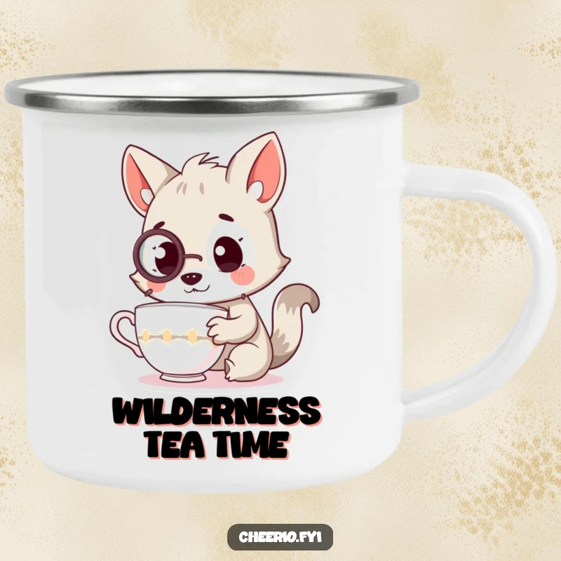 Funny camping mug featuring a curious animal with a monocle, examining a teacup, built for sophisticated outdoor enjoyment.