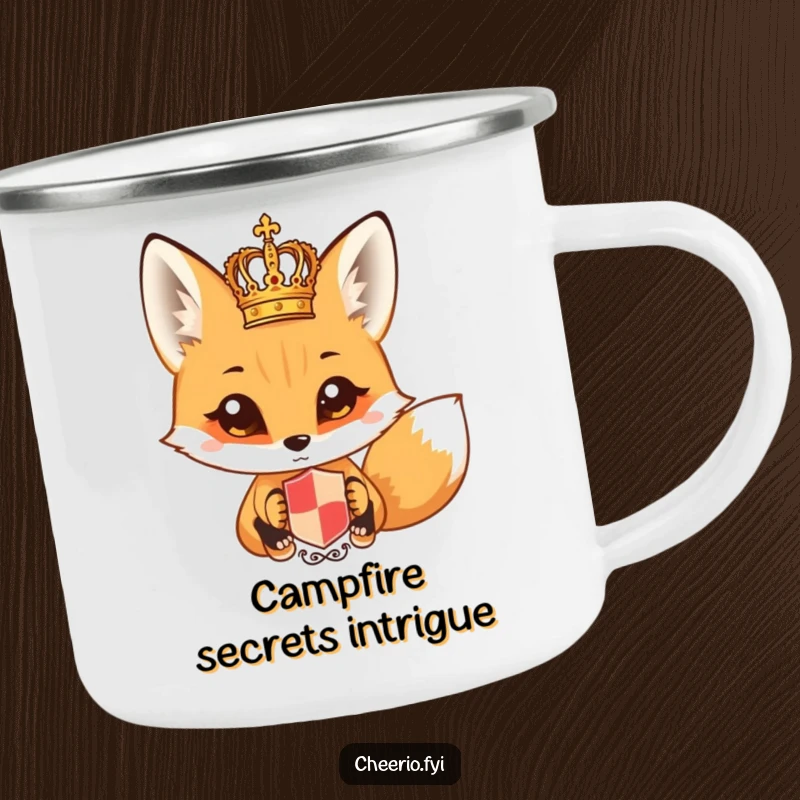 Funny fox with wide eyes looking at a miniature royal crest on a durable camping mug. An adventurous funny gift.